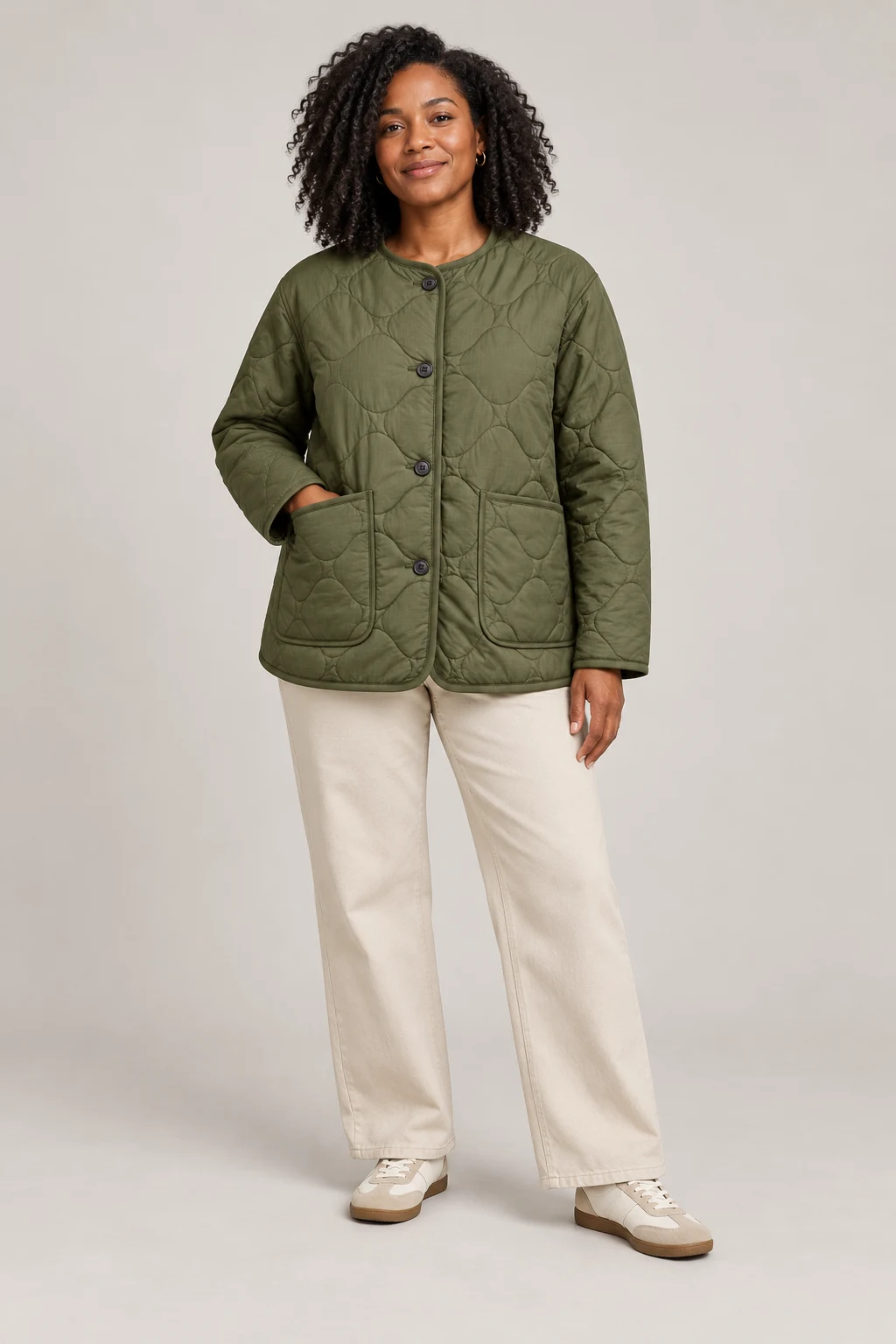 Quilted Liner Jacket in Muted moss — On model