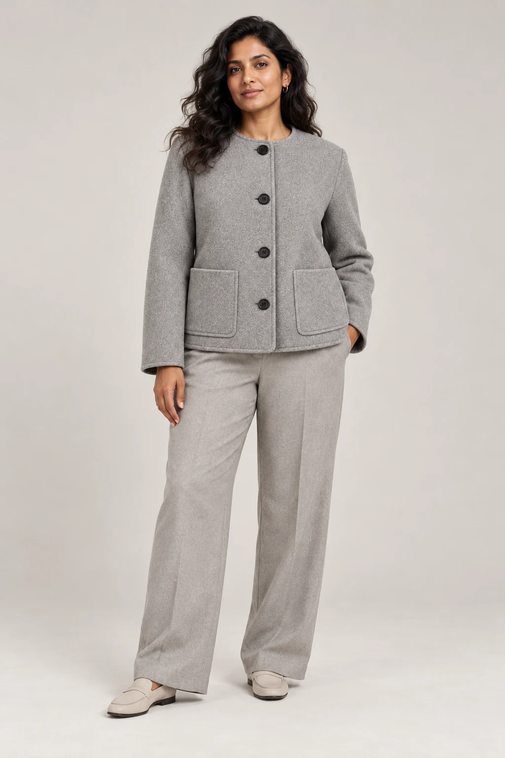 Collarless City Jacket in Dove grey — On model