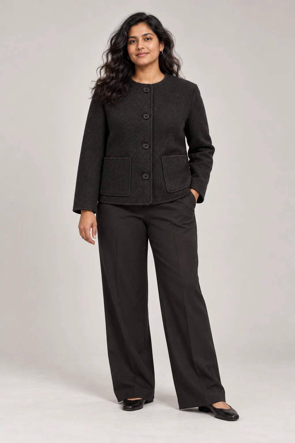Collarless City Jacket in Ink black — On model