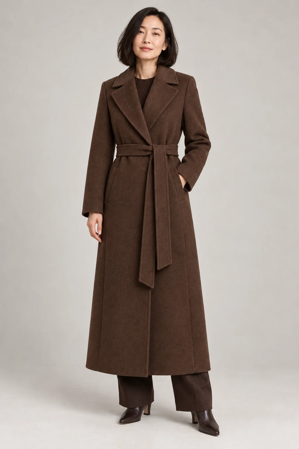 Belted Wool-Blend Coat in Dark chocolate — On model