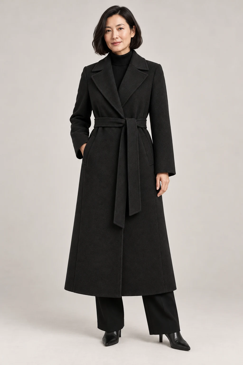 Belted Wool-Blend Coat in Ink black — On model