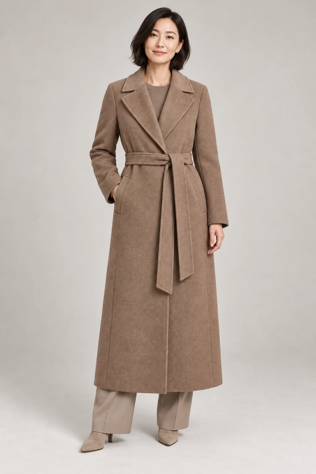 Belted Wool-Blend Coat in Warm taupe — On model