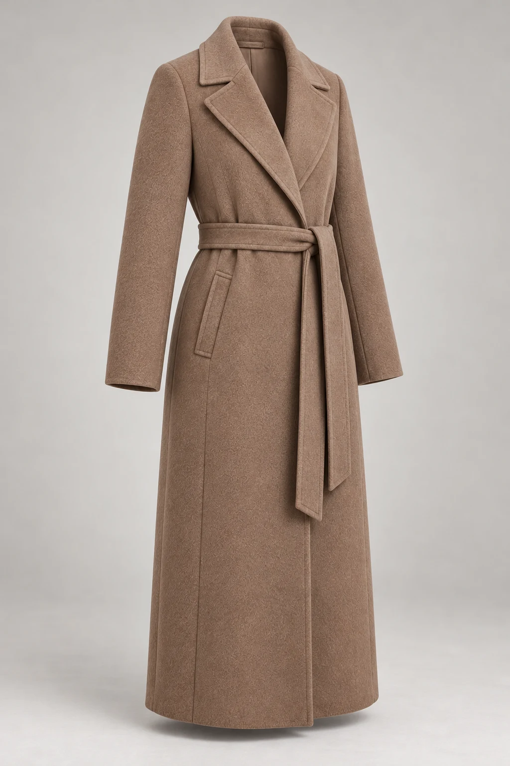 Belted Wool-Blend Coat in Warm taupe — Three-quarter