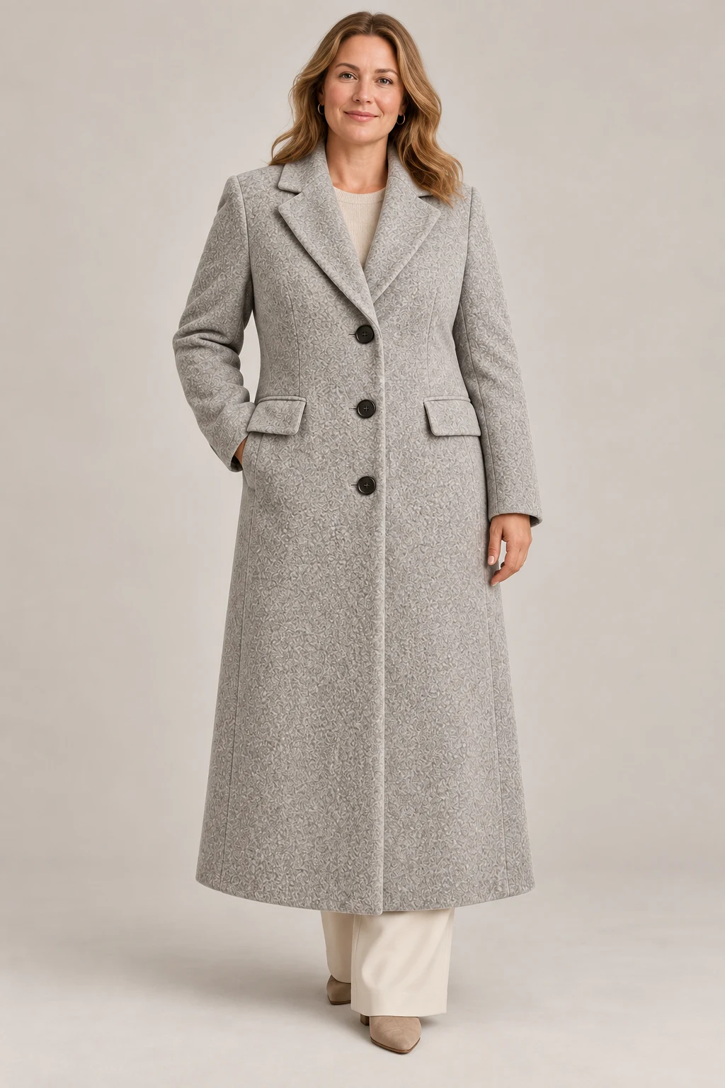 Textured Long Coat in Dove grey — On model