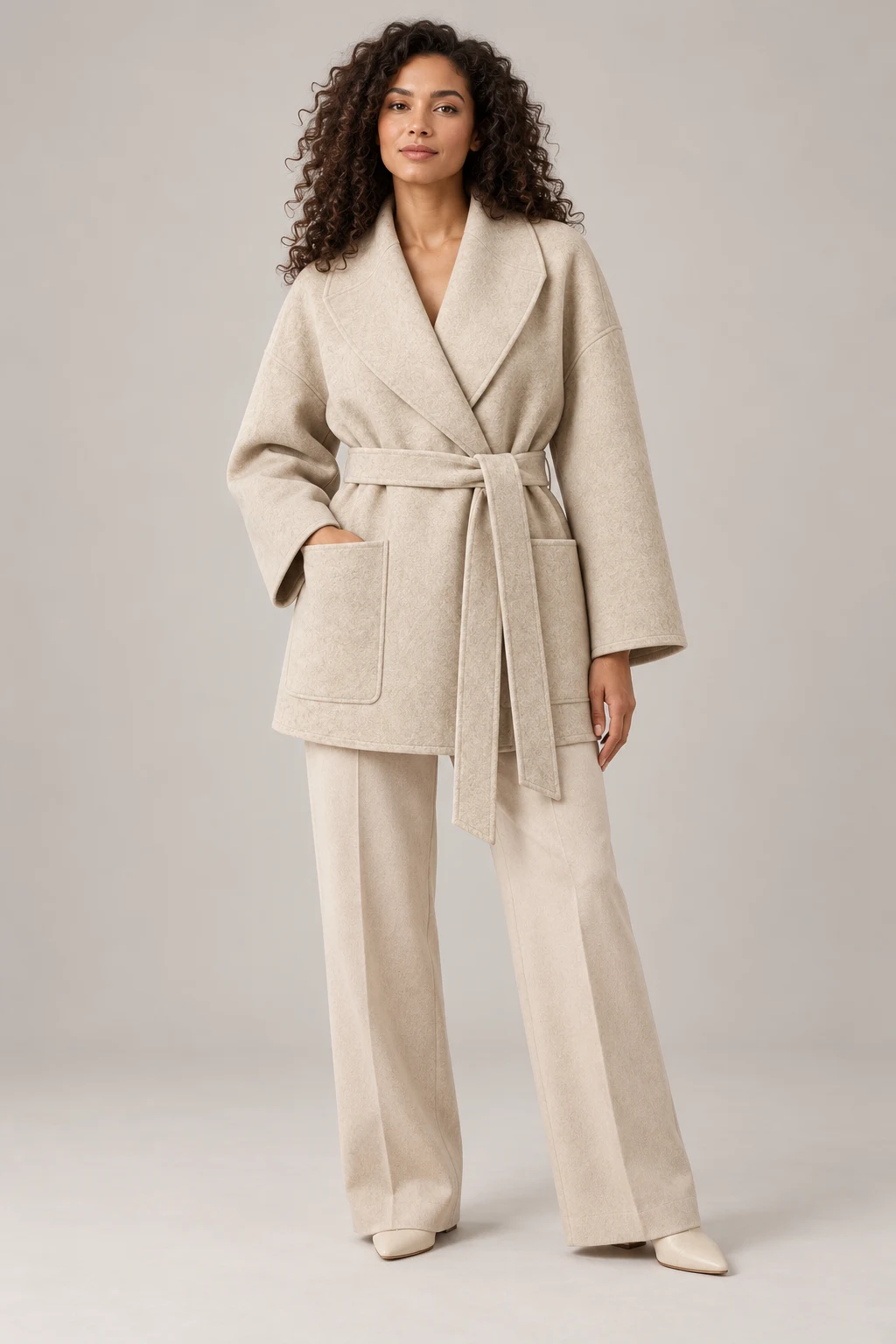 Double-Faced Wrap Jacket in Oatmeal — On model