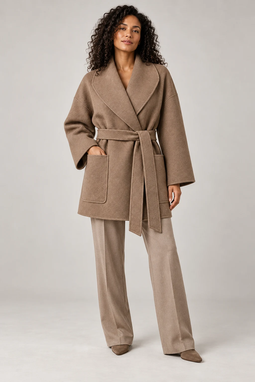 Double-Faced Wrap Jacket in Warm taupe — On model