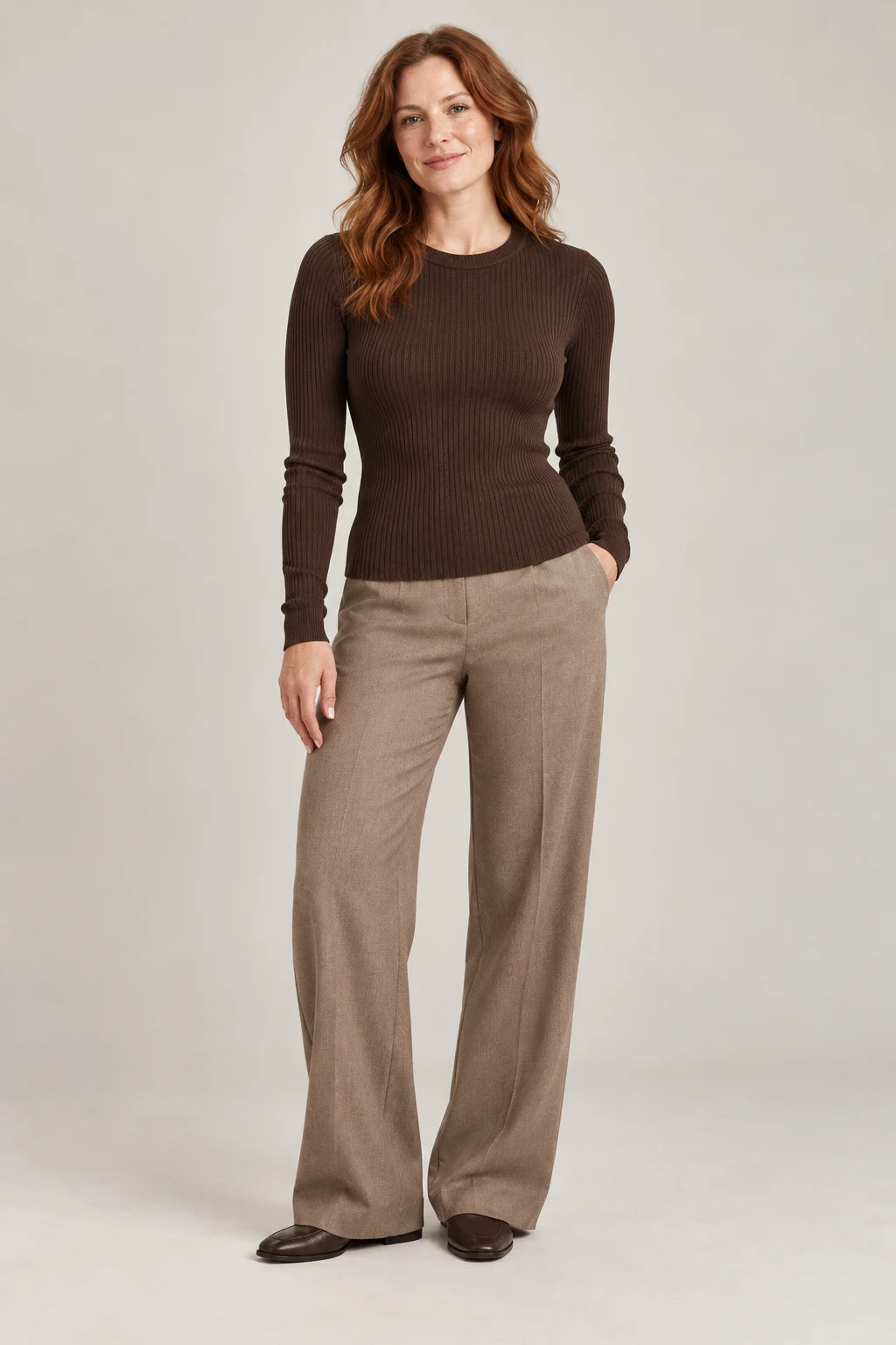 Fine Knit Long Sleeve in Dark chocolate — On model