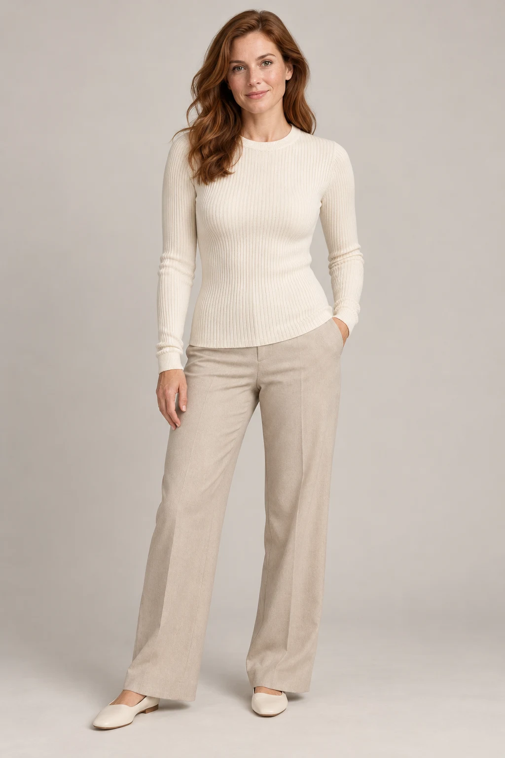 Fine Knit Long Sleeve in Ivory — On model