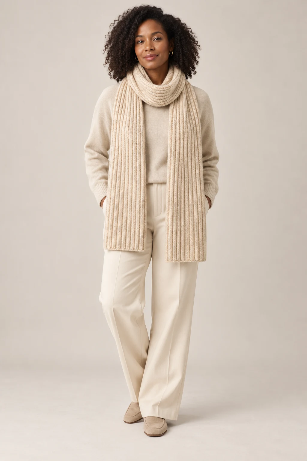 Wide Rib Scarf in Oatmeal — On model
