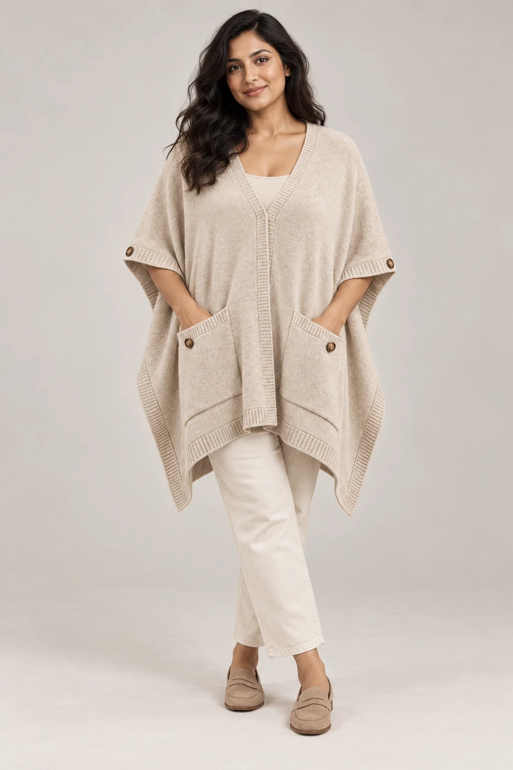 Soft Wrap Poncho in Oatmeal — On model